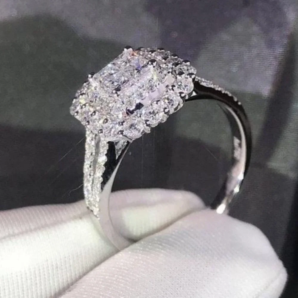 NEW 925 STERLING SILVER DIAMOND HALO SQUARE RING, CUTE RING, SHINY RING. - Picture 4 of 6